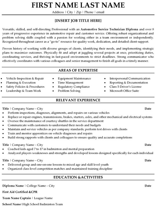 Automotive Service Technician Resume Sample & Template