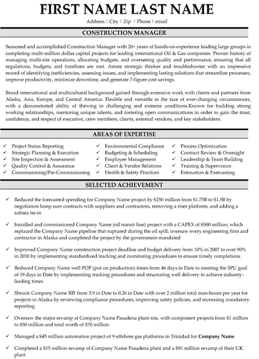 Construction Manager Resume Sample & Template
