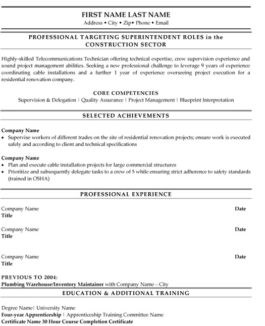 Construction Superintendent Resume Sample & Template