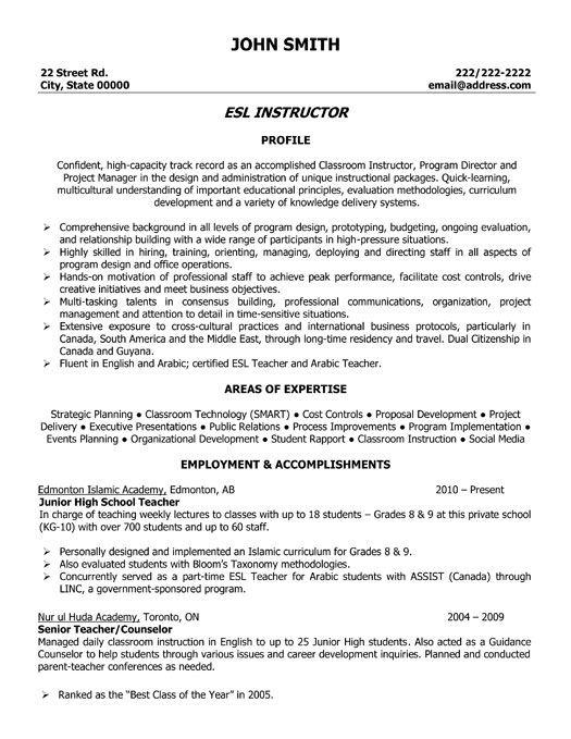 ESL Instructor Resume Sample & Template