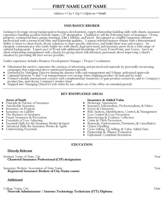 Insurance Broker Resume Sample & Template