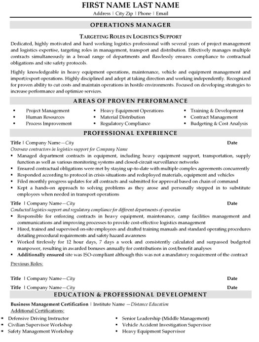 Logistics Support Manager Resume Sample & Template