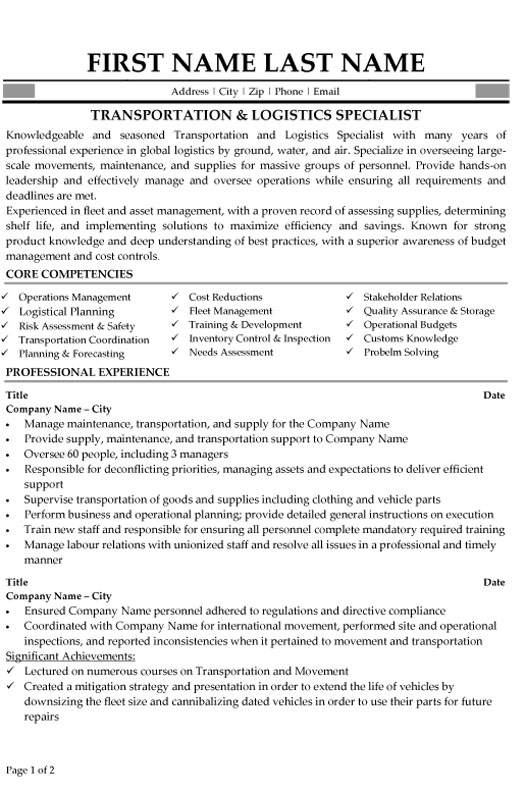 Logistics Specialist Resume Sample & Template
