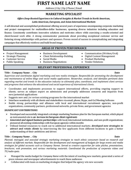 arketing Specialist Resume Sample & Template