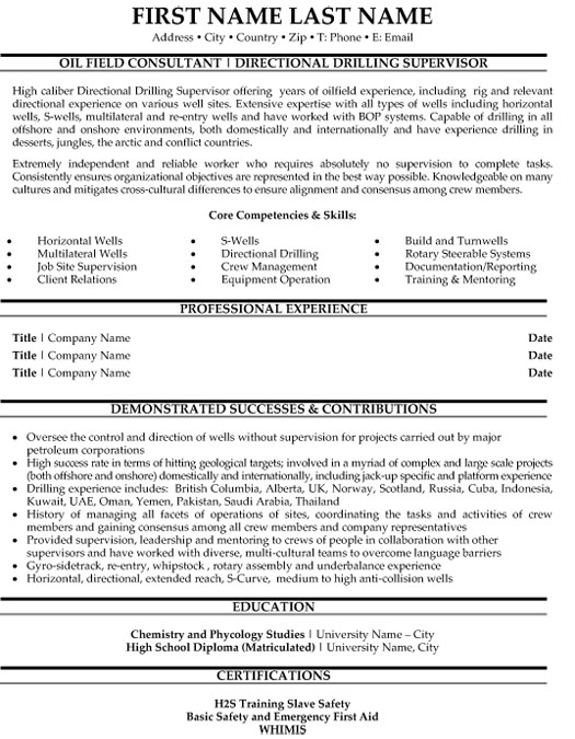 Directional Drilling Supervisor Resume Sample & Template
