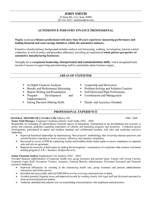 Automotive Finance Professional Resume Sample & Template