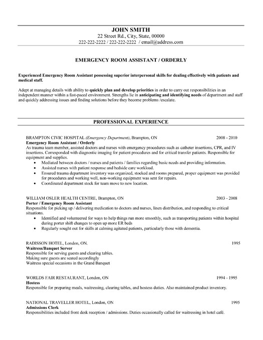 Emergency Room Assistant Resume Sample & Template