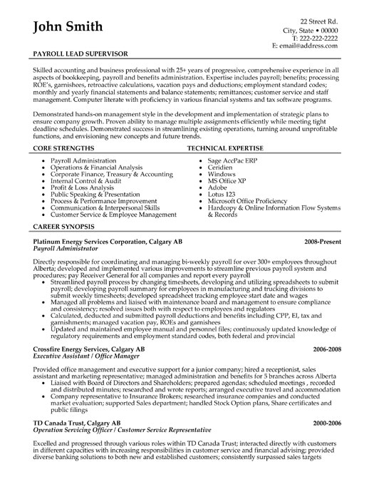 Payroll Lead Supervisor Resume Sample & Template