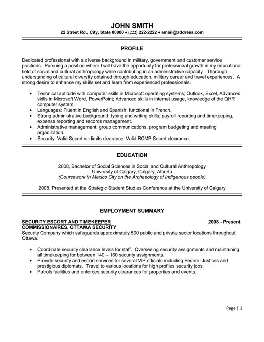 Security Escort Timekeeper Resume Sample & Template