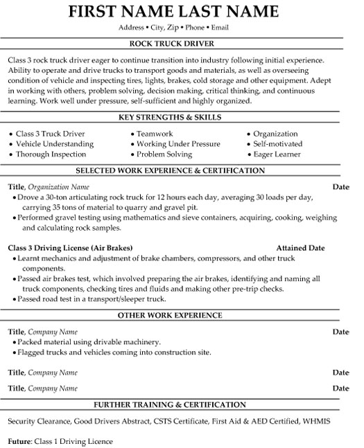 Rock Truck Driver Resume Sample & Template