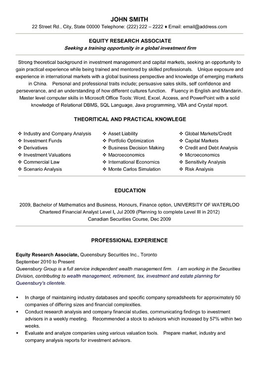Equity Research Associate Resume Sample & Template